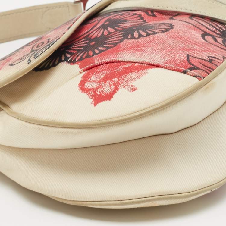 Pre Owned Dior Off White/Red Printed Fabric and Leather Limited Edition Saddle Bag