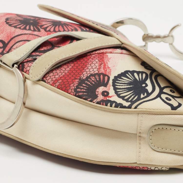 Pre Owned Dior Off White/Red Printed Fabric and Leather Limited Edition Saddle Bag