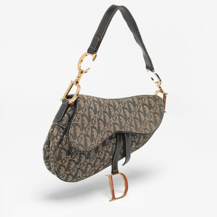 Pre Owned Dior Blue Oblique Denim and Leather Saddle Bag