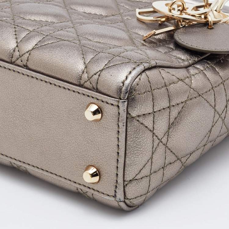 Pre Owned Dior Metallic Grey Cannage Leather Mini Lady Dior Tote