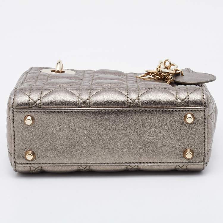 Pre Owned Dior Metallic Grey Cannage Leather Mini Lady Dior Tote