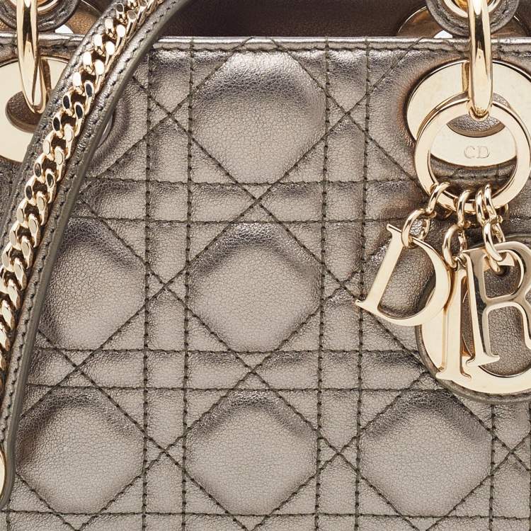 Pre Owned Dior Metallic Grey Cannage Leather Mini Lady Dior Tote