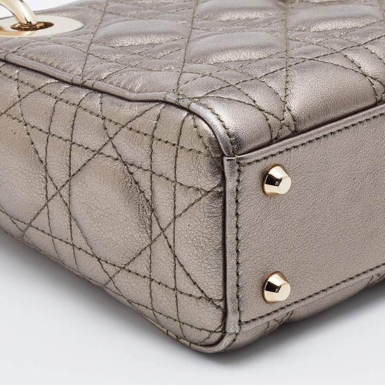 Pre Owned Dior Metallic Grey Cannage Leather Mini Lady Dior Tote