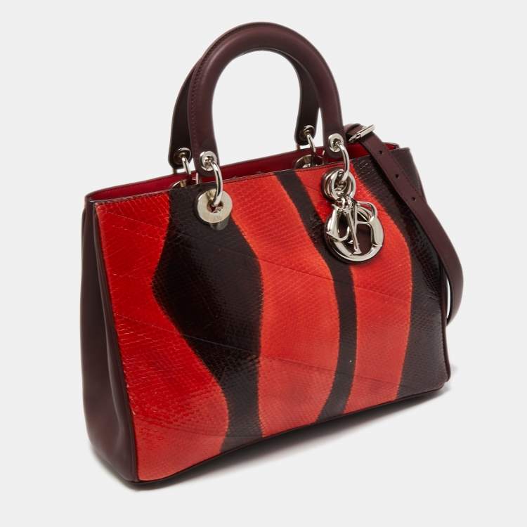 Pre Owned Dior Burgundy/Orange Snakeskin and Leather Medium Diorissimo Shopper Tote