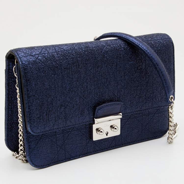 Pre Owned Dior Blue Washed Metallic Leather Miss Dior Promenade Wallet on Chain