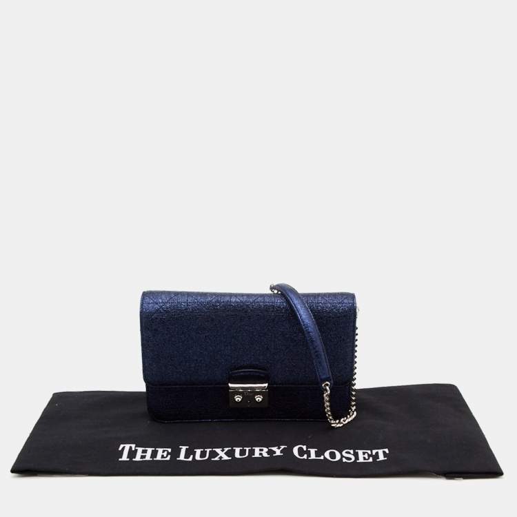 Pre Owned Dior Blue Washed Metallic Leather Miss Dior Promenade Wallet on Chain