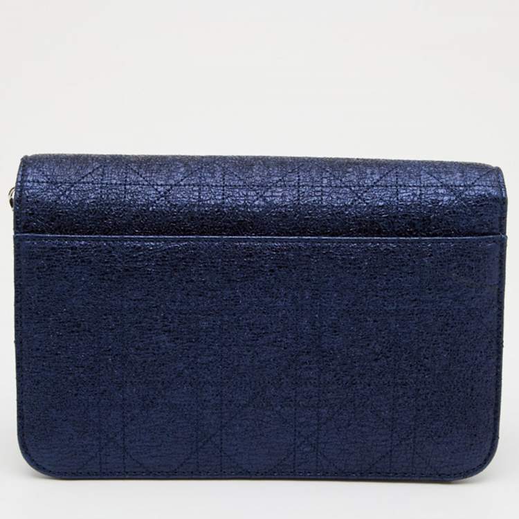 Pre Owned Dior Blue Washed Metallic Leather Miss Dior Promenade Wallet on Chain