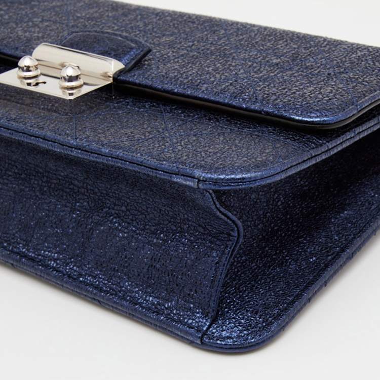 Pre Owned Dior Blue Washed Metallic Leather Miss Dior Promenade Wallet on Chain