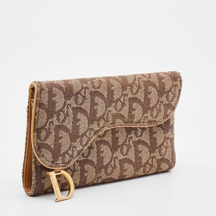 Pre Owned Dior Beige/Brown Oblique Canvas and Leather Saddle Wallet