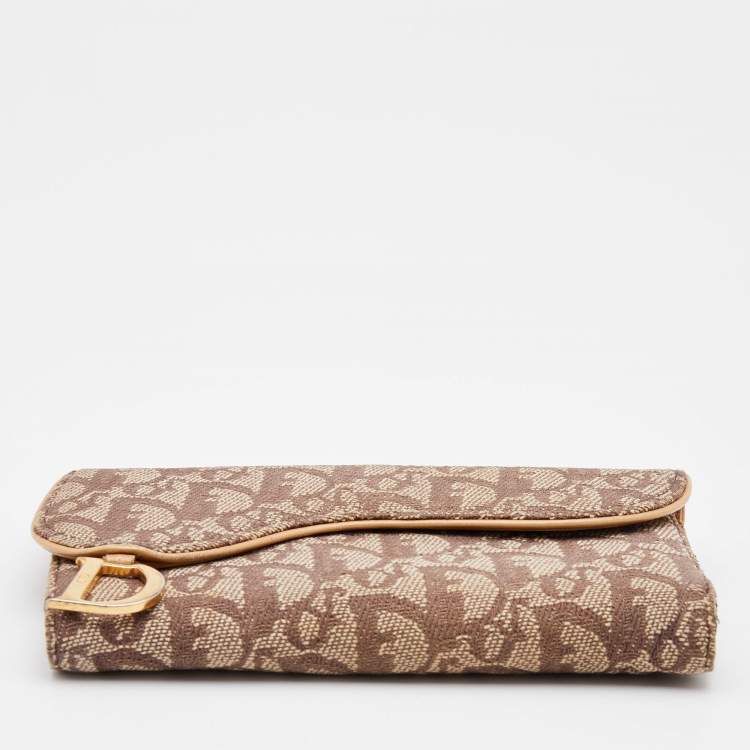 Pre Owned Dior Beige/Brown Oblique Canvas and Leather Saddle Wallet