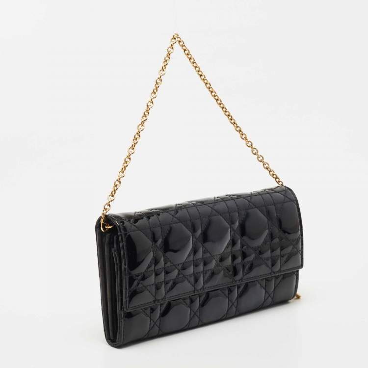 Pre Owned Dior Black Cannage Patent Leather Lady Dior Wallet On Chain