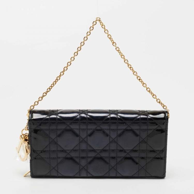 Pre Owned Dior Black Cannage Patent Leather Lady Dior Wallet On Chain