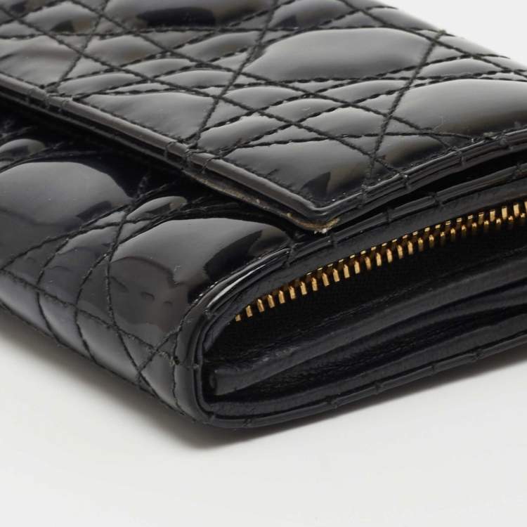 Pre Owned Dior Black Cannage Patent Leather Lady Dior Wallet On Chain