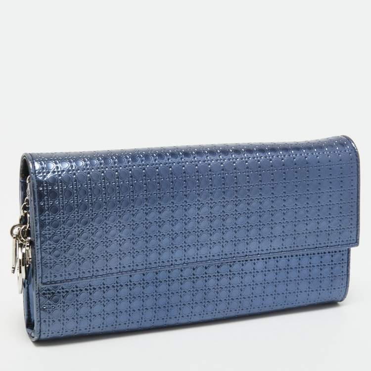 Pre Owned Dior Blue Microcannage Patent Leather Croisiere Wallet on Chain