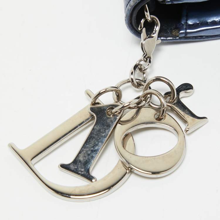 Pre Owned Dior Blue Microcannage Patent Leather Croisiere Wallet on Chain