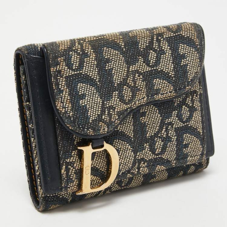 Pre Owned Dior Blue Diorissimo Canvas and Leather Saddle Compact Wallet