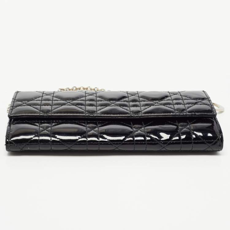 Pre Owned Dior Black Cannage Patent Leather Lady Dior Wallet On Chain