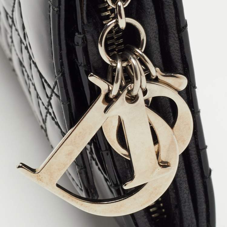 Pre Owned Dior Black Cannage Patent Leather Lady Dior Wallet On Chain
