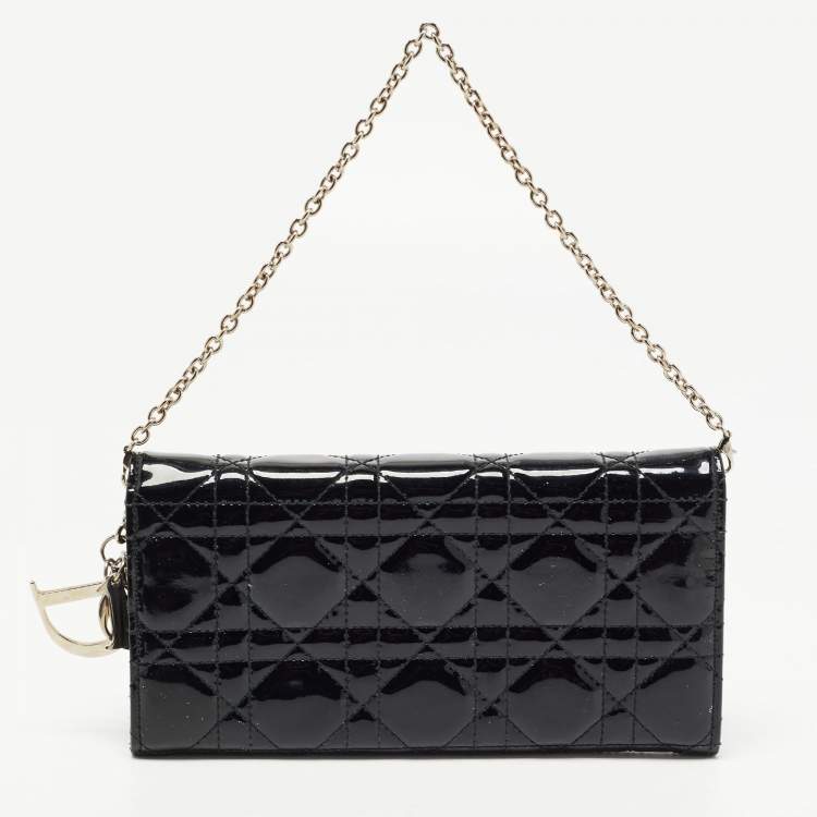 Pre Owned Dior Black Cannage Patent Leather Lady Dior Wallet On Chain