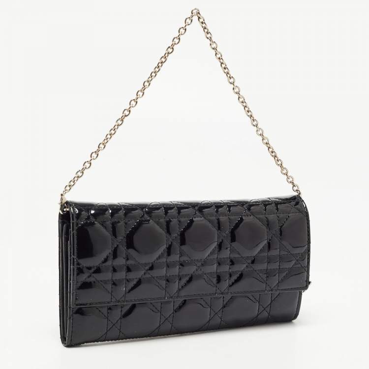 Pre Owned Dior Black Cannage Patent Leather Lady Dior Wallet On Chain