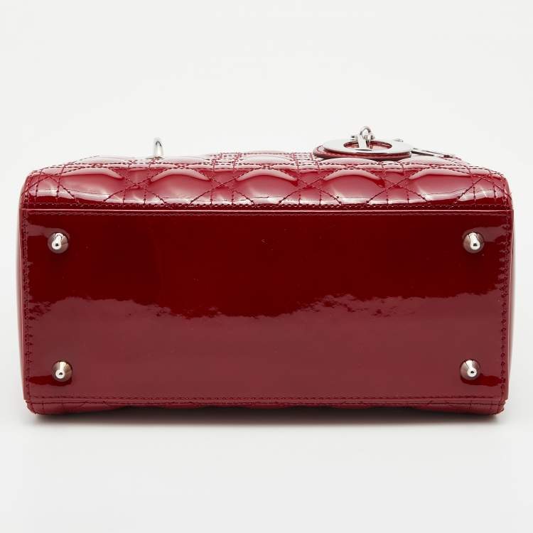 Pre Owned Dior Red Cannage Patent Leather Medium Lady Dior Tote
