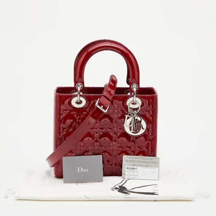 Pre Owned Dior Red Cannage Patent Leather Medium Lady Dior Tote