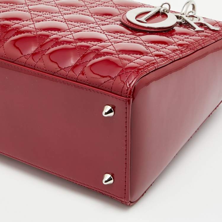 Pre Owned Dior Red Cannage Patent Leather Medium Lady Dior Tote