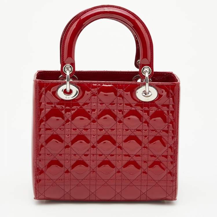 Pre Owned Dior Red Cannage Patent Leather Medium Lady Dior Tote