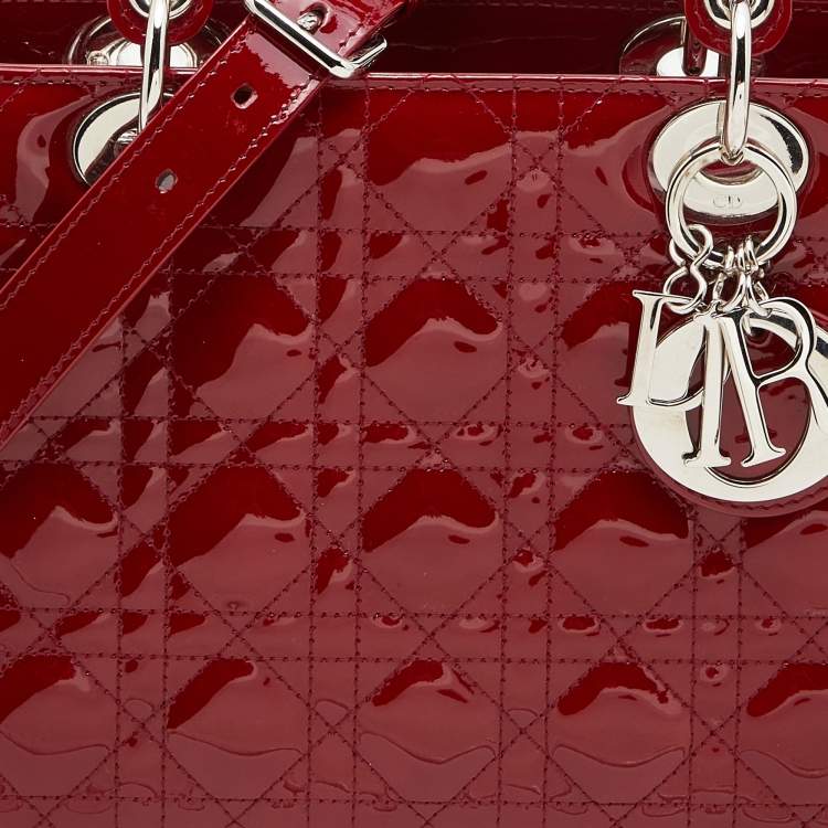 Pre Owned Dior Red Cannage Patent Leather Medium Lady Dior Tote