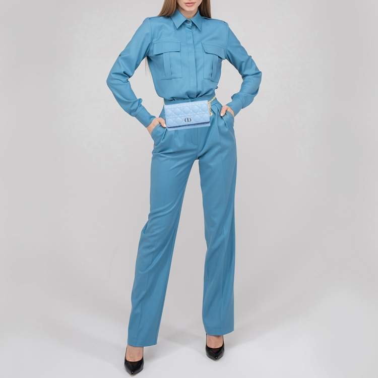 Pre Owned Dior Light Blue Cannage Leather Caro Belt Pouch with Chain