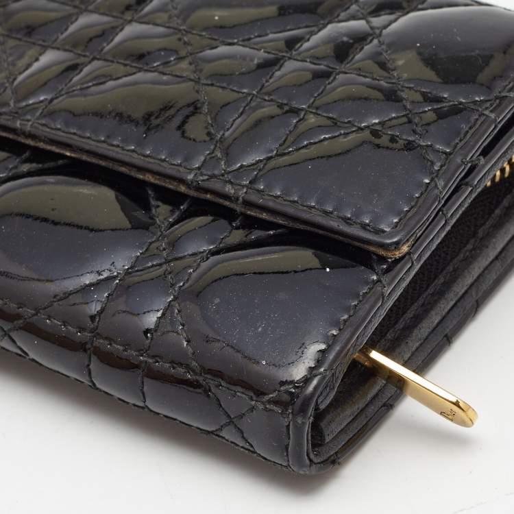 Pre Owned Dior Black Cannage Patent Leather Rendezvous Wallet on Chain