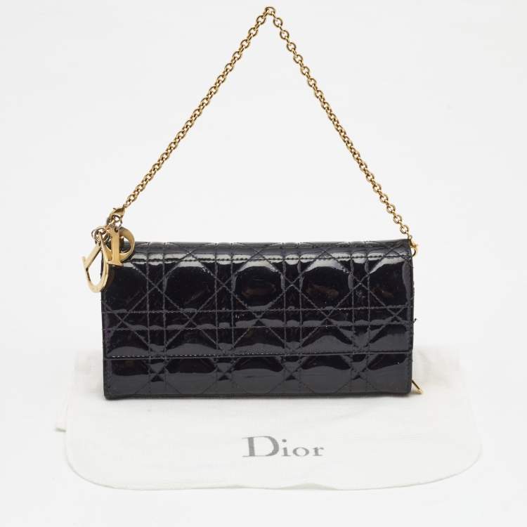 Pre Owned Dior Black Cannage Patent Leather Rendezvous Wallet on Chain