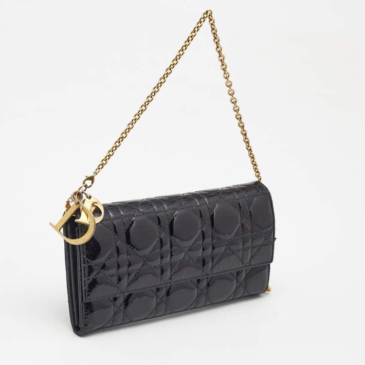 Pre Owned Dior Black Cannage Patent Leather Rendezvous Wallet on Chain