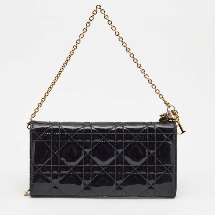 Pre Owned Dior Black Cannage Patent Leather Rendezvous Wallet on Chain