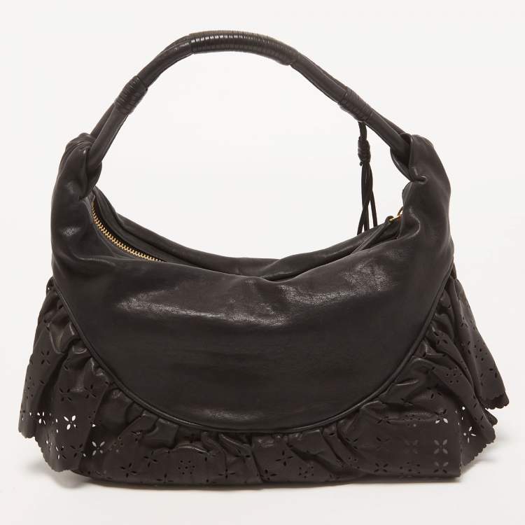 Pre Owned Dior Black Leather Small Gypsy Ruffle Hobo