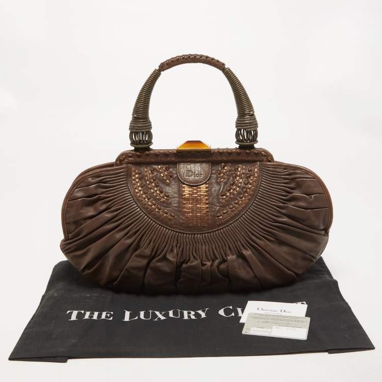 Pre Owned Dior Dark Brown Leather Medium Plisse Frame Bag
