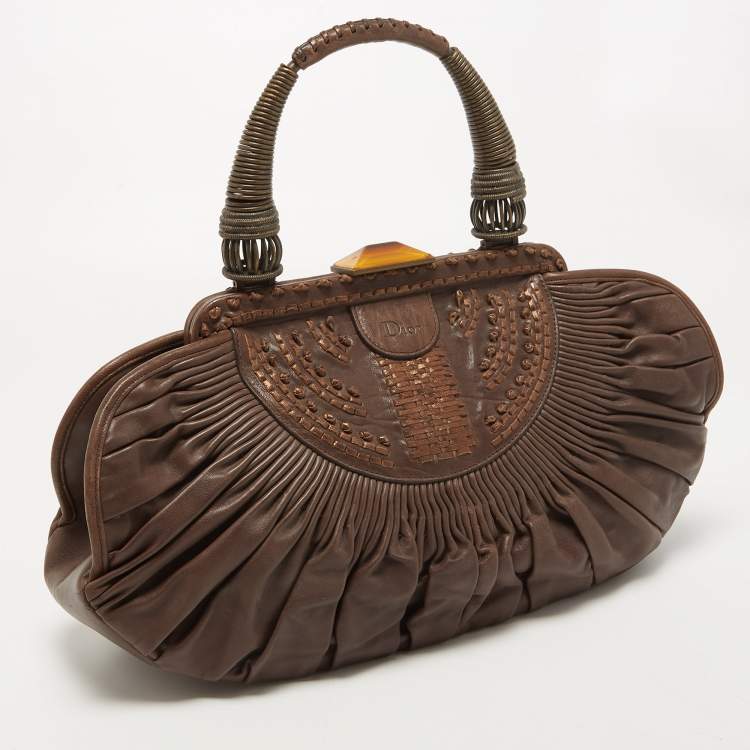 Pre Owned Dior Dark Brown Leather Medium Plisse Frame Bag