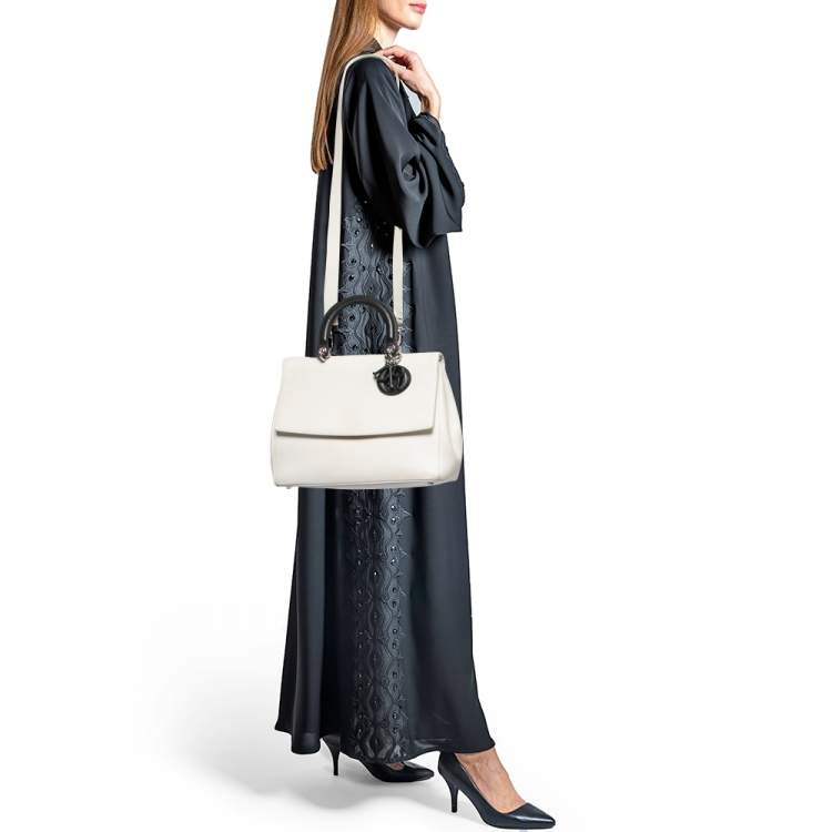 Pre Owned Dior White/Black Leather Large Be Dior Flap Top Handle Bag