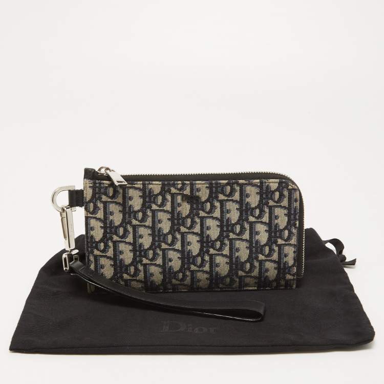Pre Owned Dior Black Oblique Canvas and Leather Zip Wristlet Pouch
