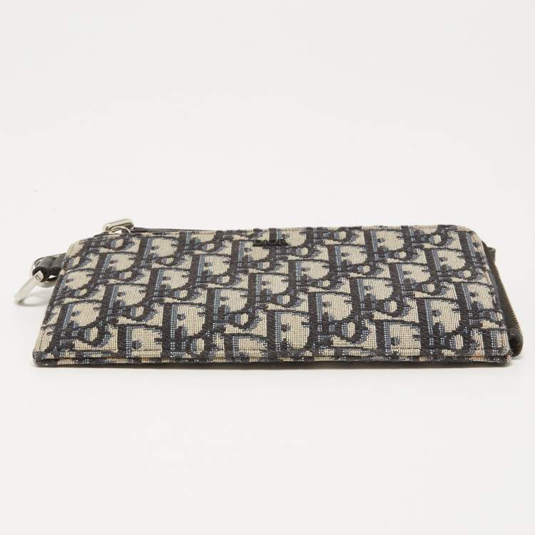 Pre Owned Dior Black Oblique Canvas and Leather Zip Wristlet Pouch