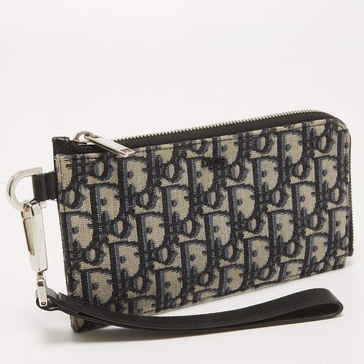 Pre Owned Dior Black Oblique Canvas and Leather Zip Wristlet Pouch