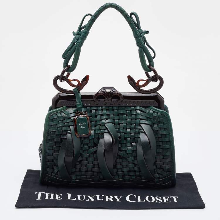 Pre Owned Dior Green Woven Leather Medium Limited Edition Samourai 1947 Frame Bag