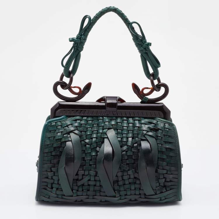 Pre Owned Dior Green Woven Leather Medium Limited Edition Samourai 1947 Frame Bag