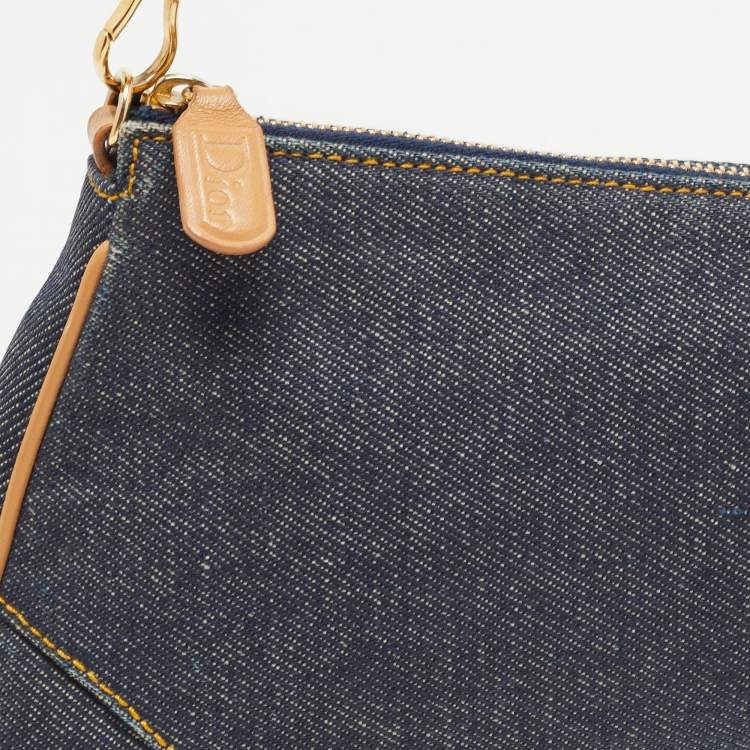 Pre Owned Dior Navy Blue/Beige Denim and Leather Saddle Pochette Bag