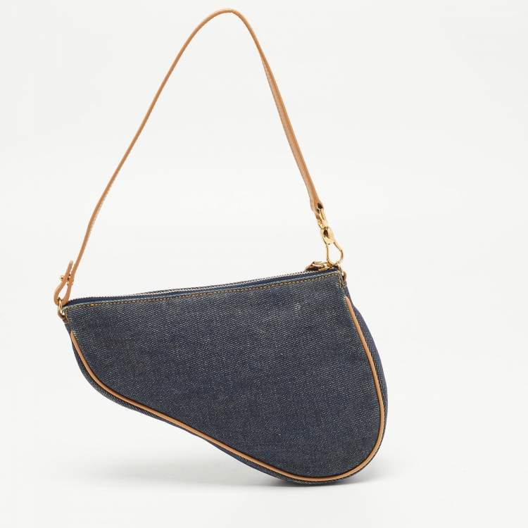 Pre Owned Dior Navy Blue/Beige Denim and Leather Saddle Pochette Bag