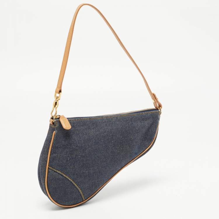 Pre Owned Dior Navy Blue/Beige Denim and Leather Saddle Pochette Bag