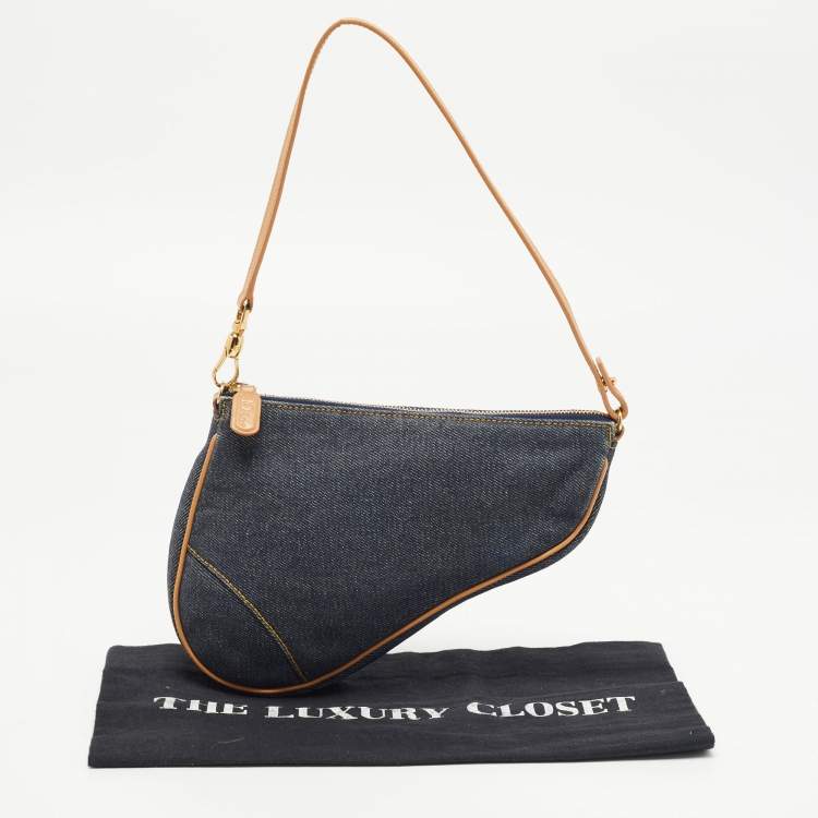 Pre Owned Dior Navy Blue/Beige Denim and Leather Saddle Pochette Bag