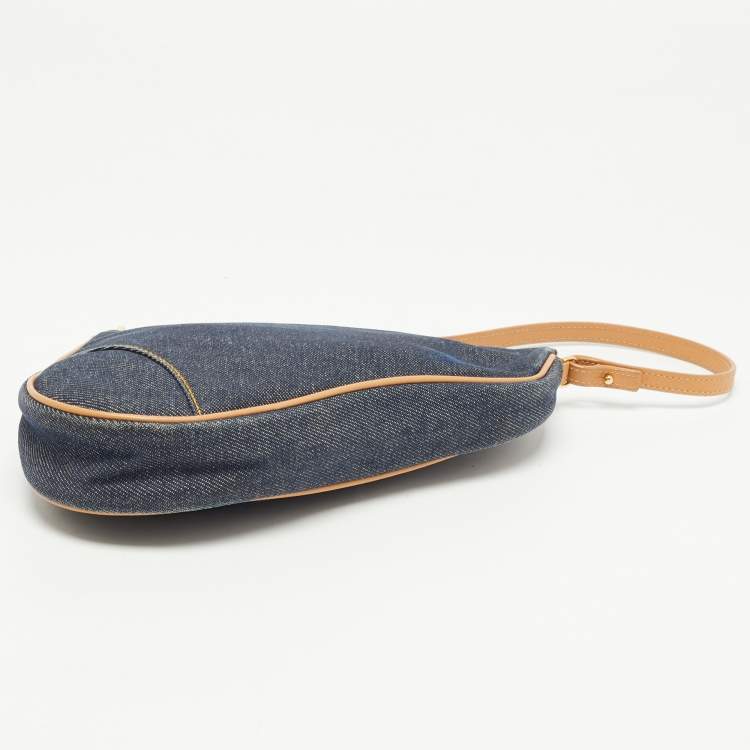 Pre Owned Dior Navy Blue/Beige Denim and Leather Saddle Pochette Bag