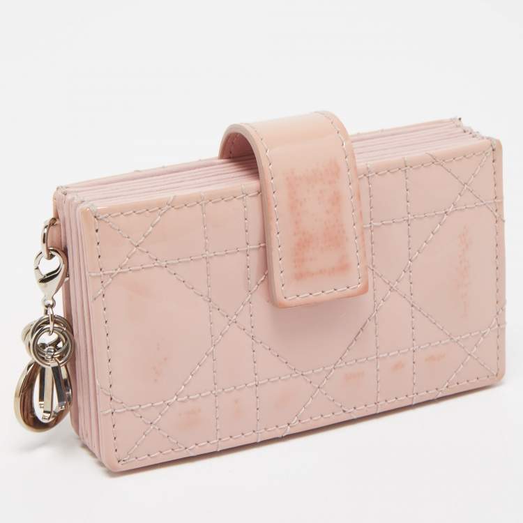 Pre Owned Dior Pink Cannage Patent Leather Lady Dior 5 Gusset Card Holder
