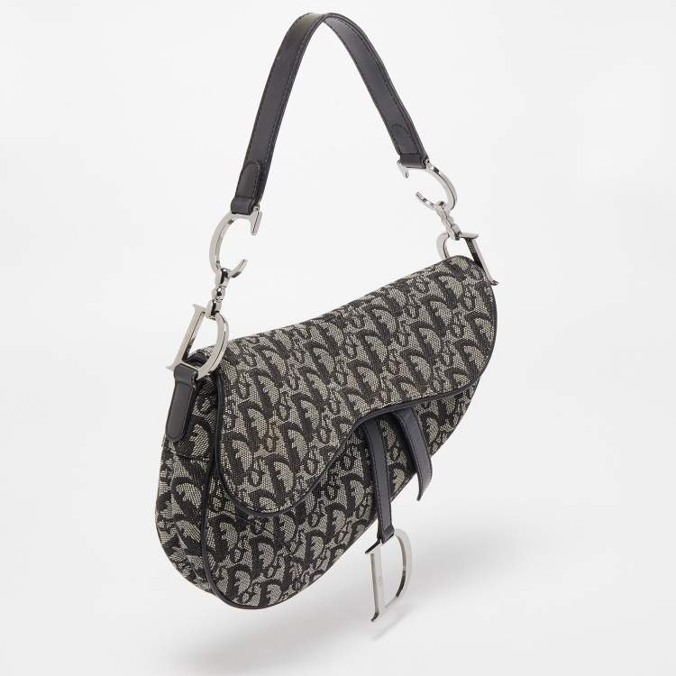 Pre Owned Dior Black Oblique Canvas  and Leather Saddle Bag